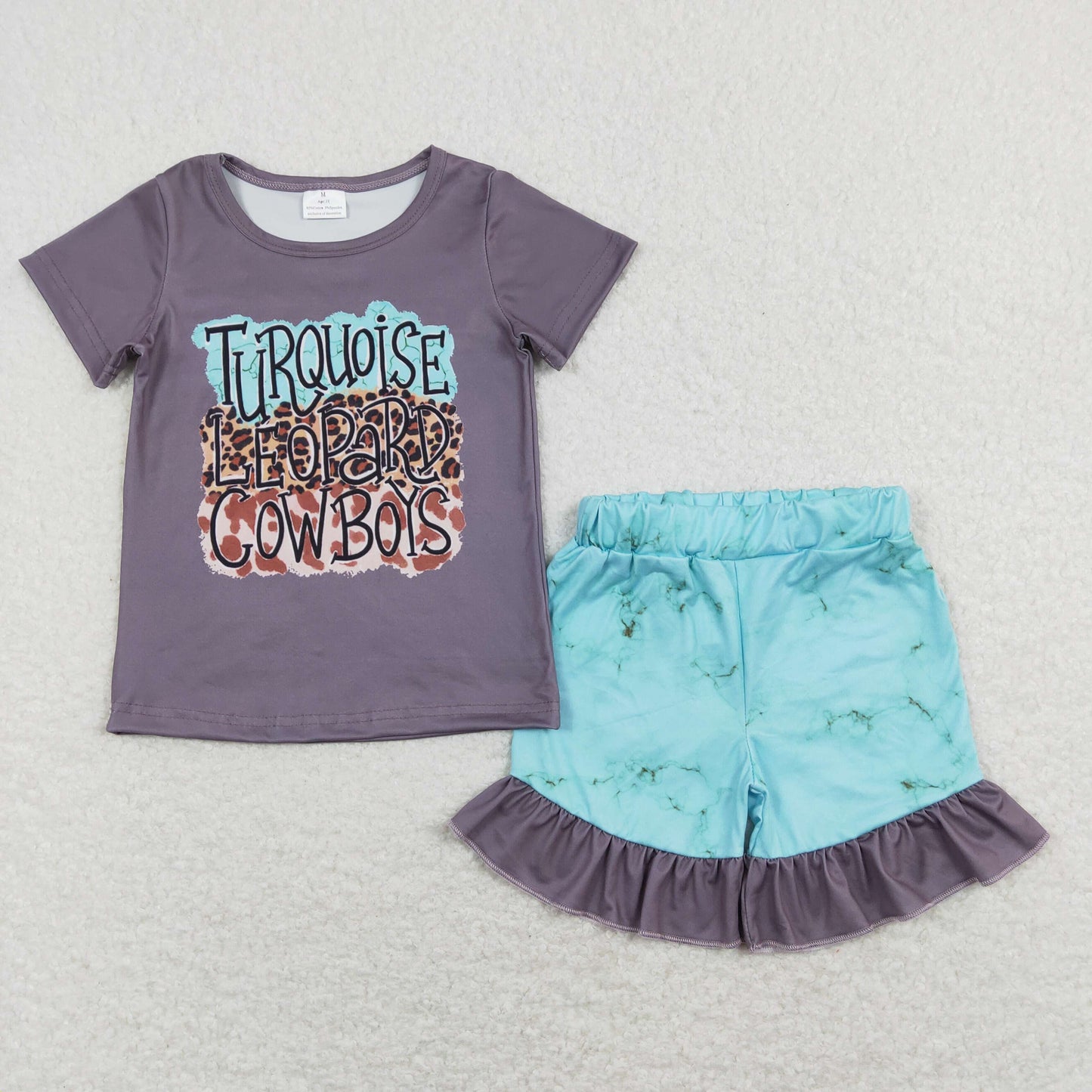 turquoise leopard cowboys letter shirt 2pc ruffle set