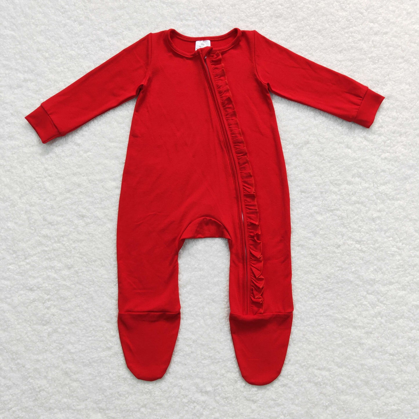 christmas solid red cotton ruffle zip sleeper