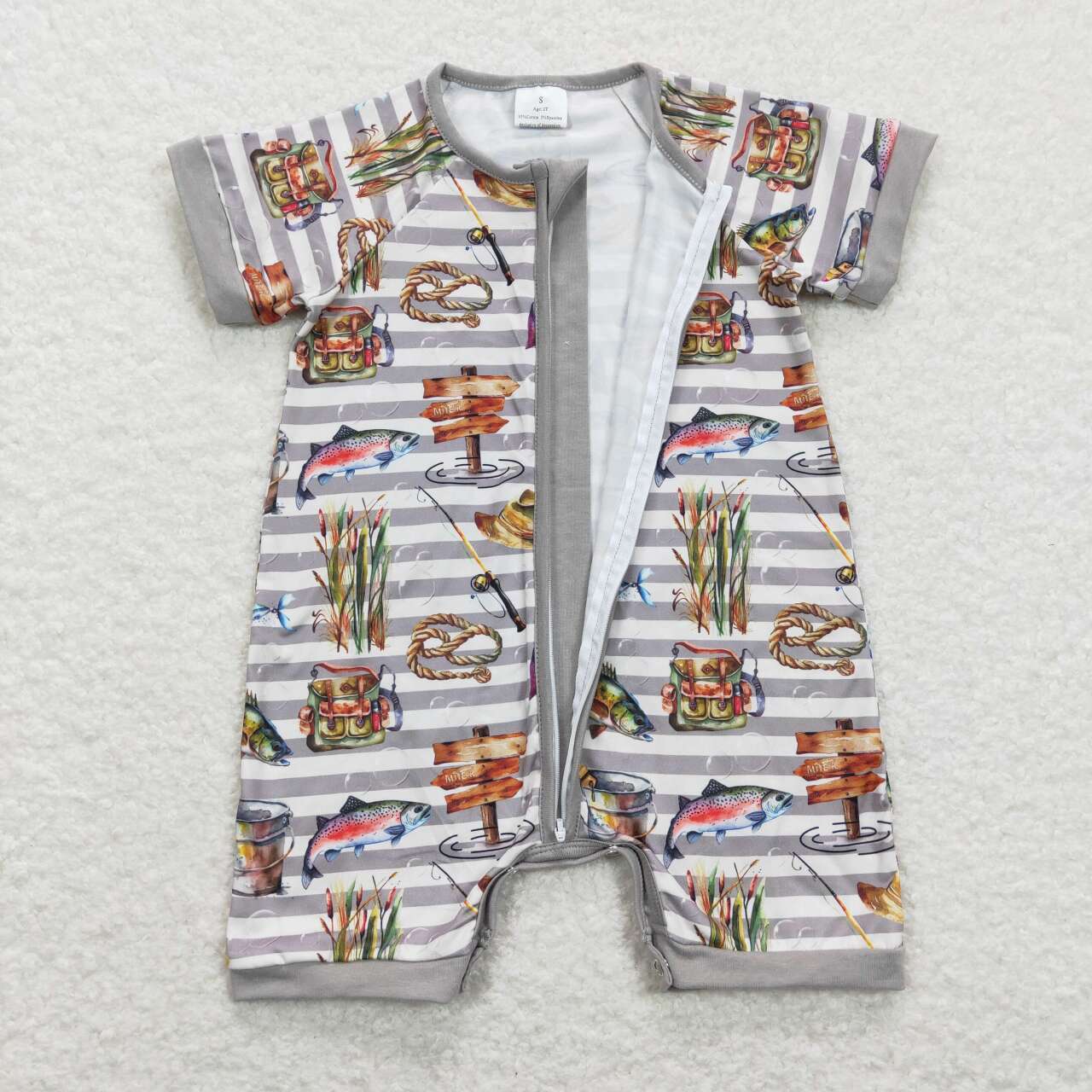baby boy fishing print gray zip romper