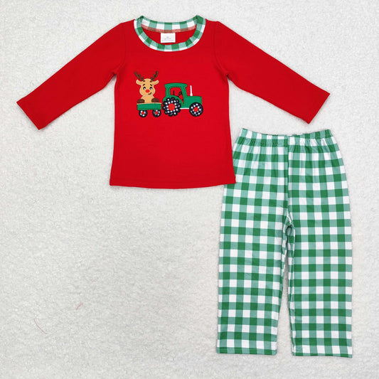 deer tractor embroidered pants set boys clothes