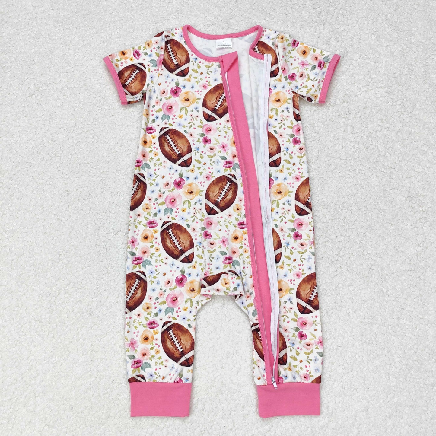 baby girl short sleeve floral and football zip sleeper