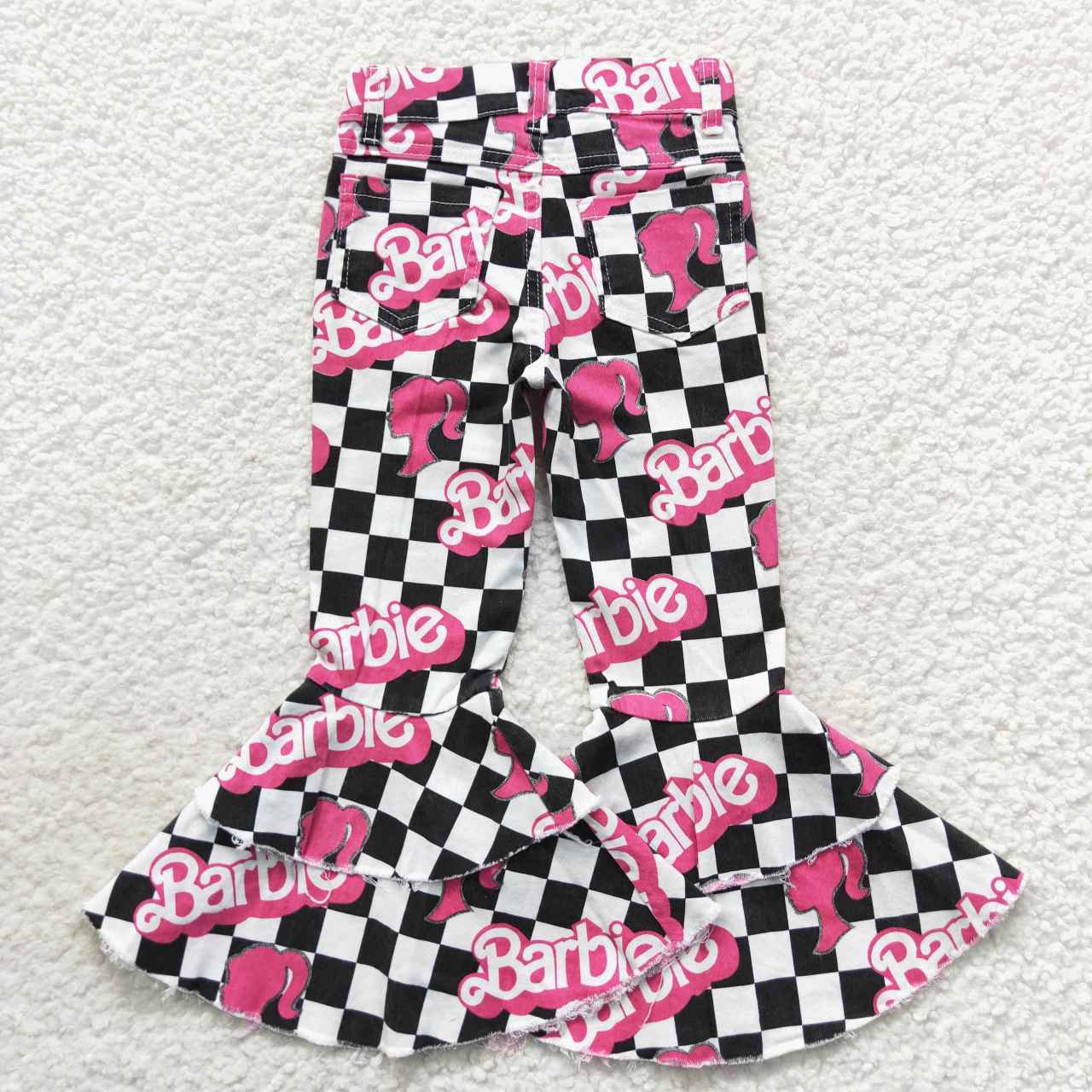 checkered doll ruffle flare jeans girl denim pants