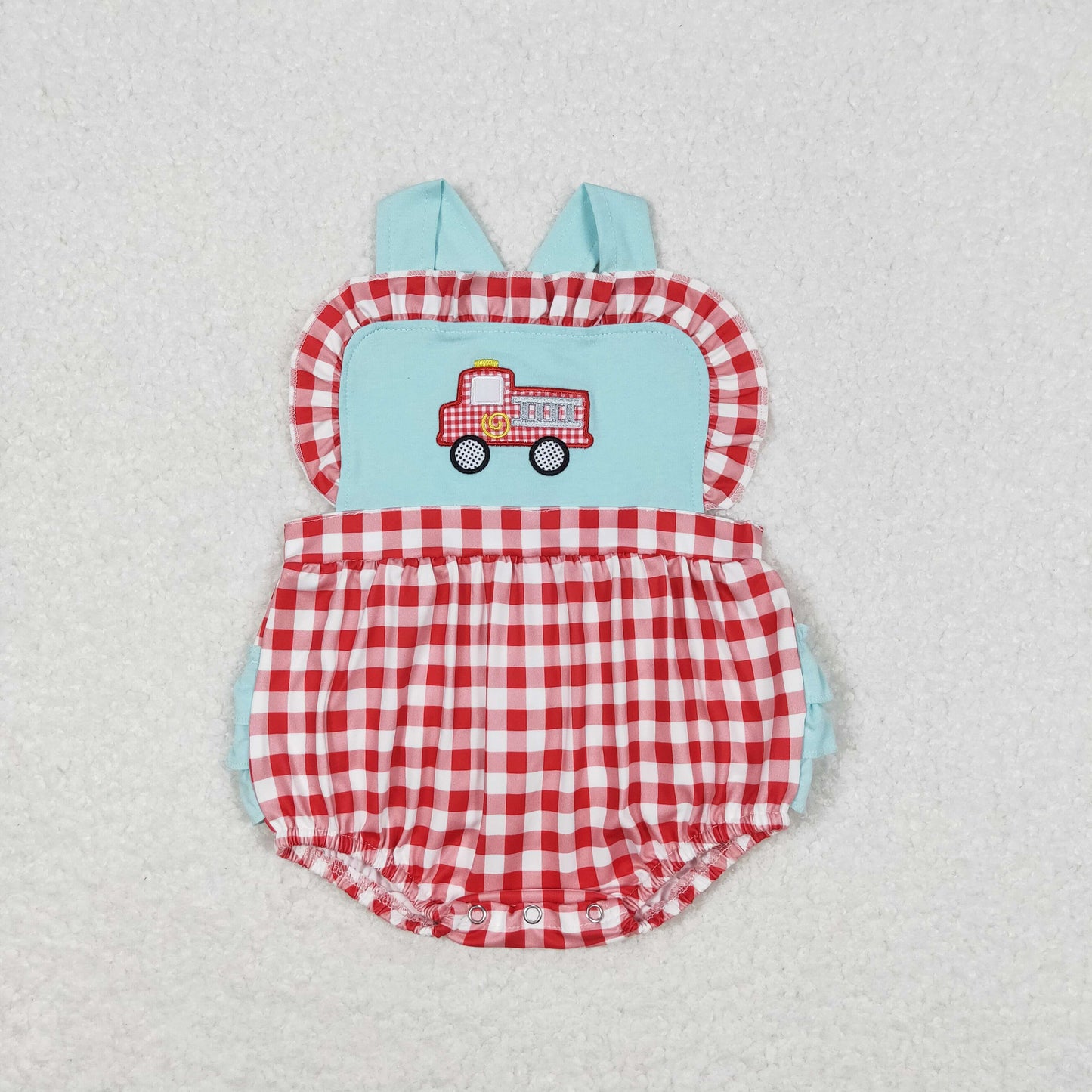 baby girl firetruck embroidery ruffle bubble