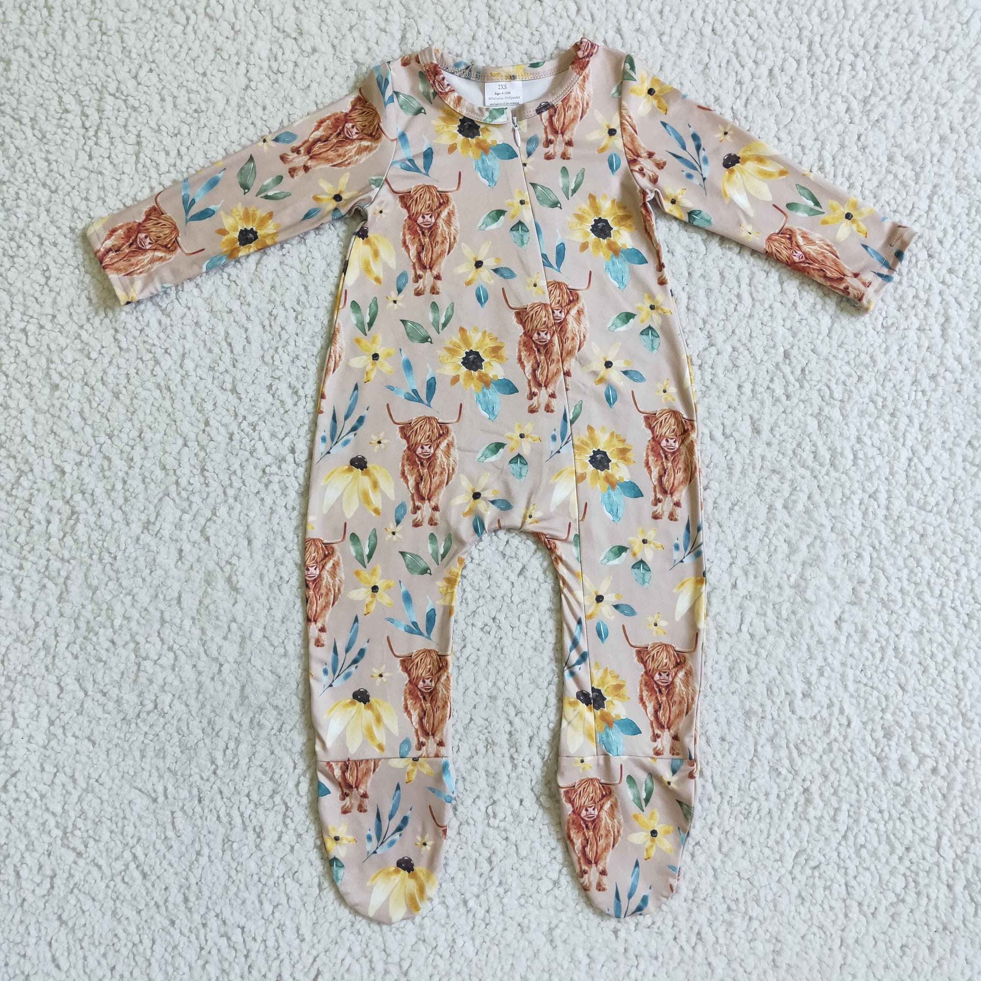baby long sleeve highland cow print footie zip sleeper
