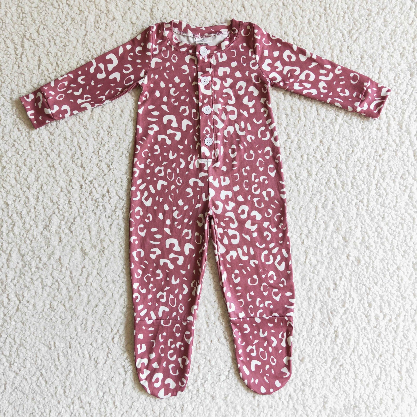 baby maroon leopard footie button romper