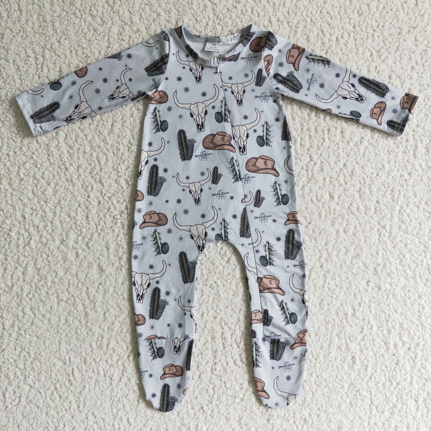 baby western skull cactus zip footie sleeper