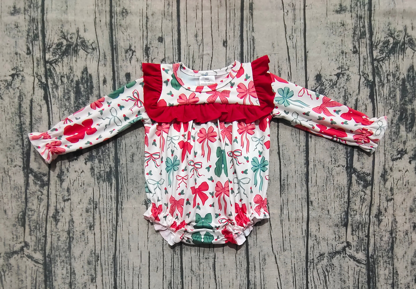 long sleeve green red bow Christmas baby girl bubble