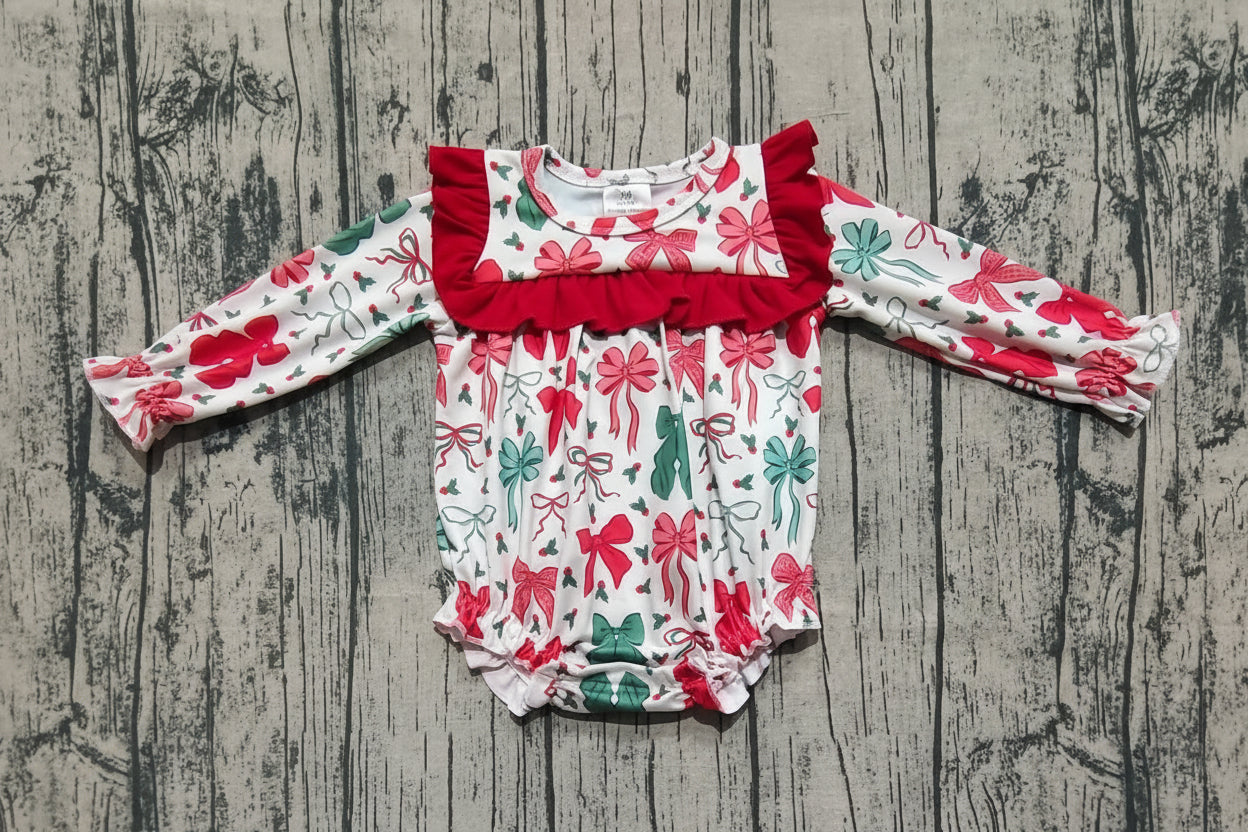 long sleeve green red bow Christmas baby girl bubble