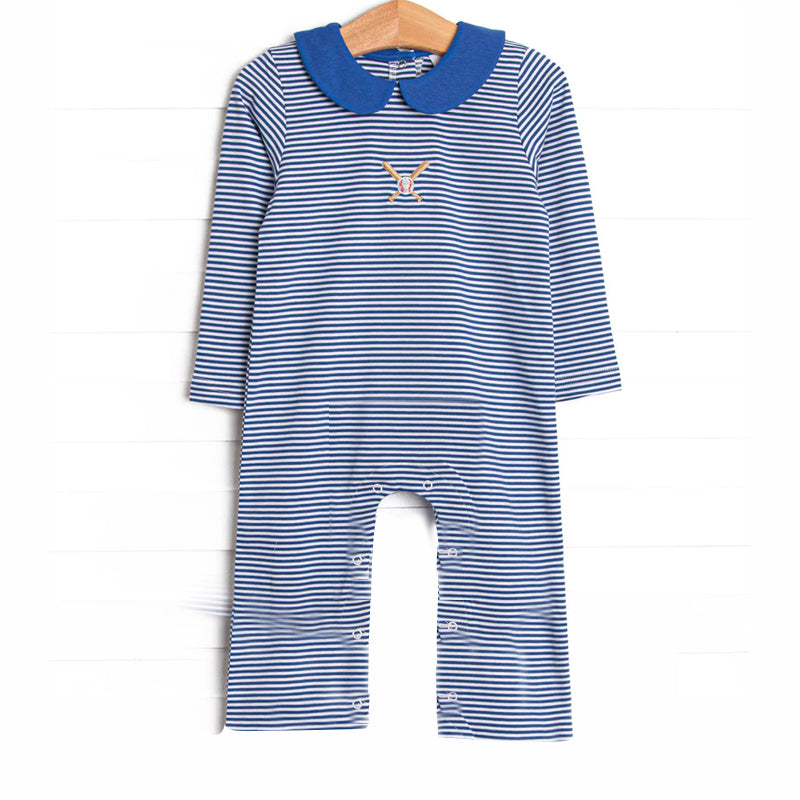 Pre order boy royal blue stripes baseball romper