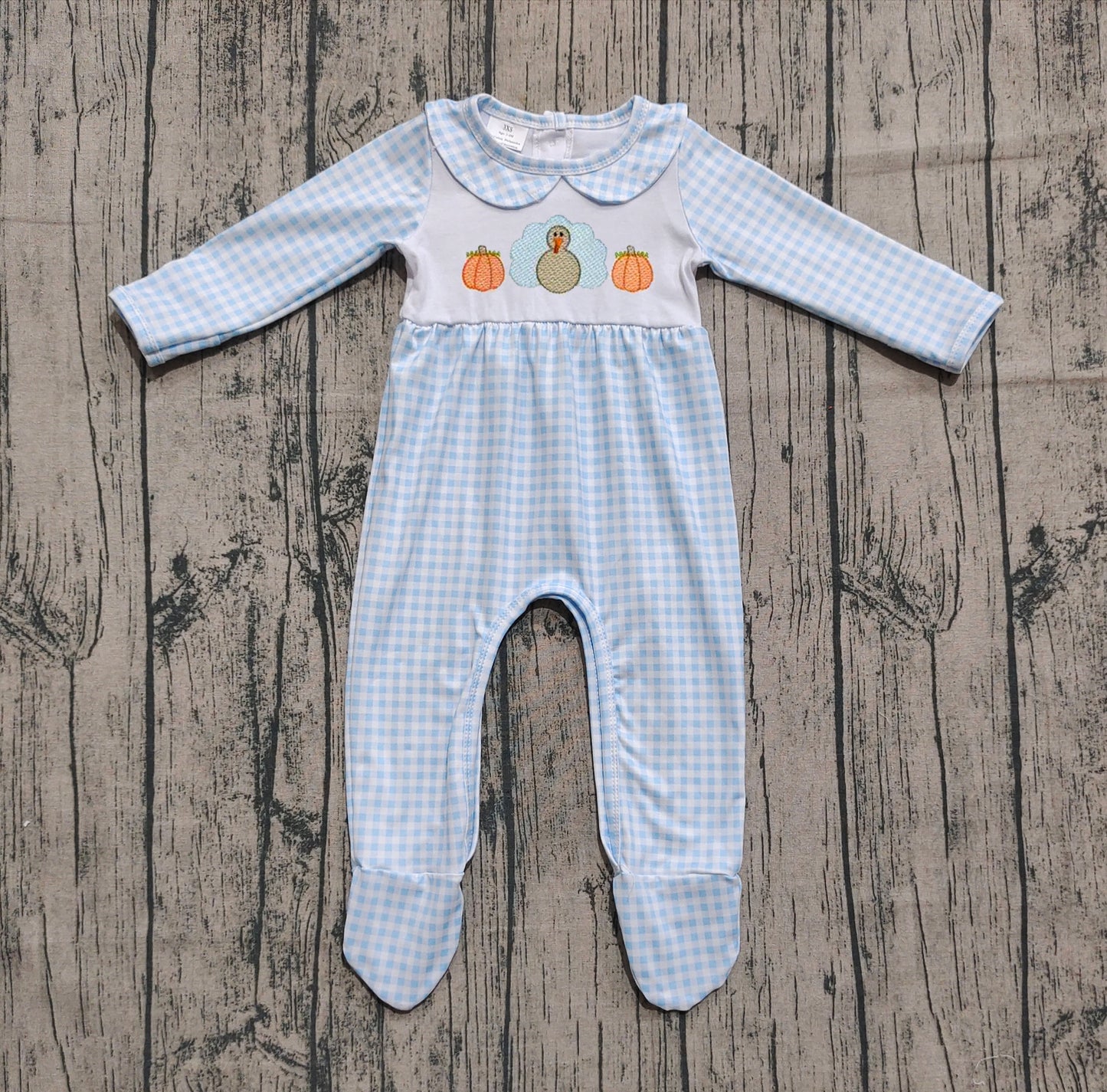 Pre order gingham pumpkin turkey footie sleeper (do embroidery)