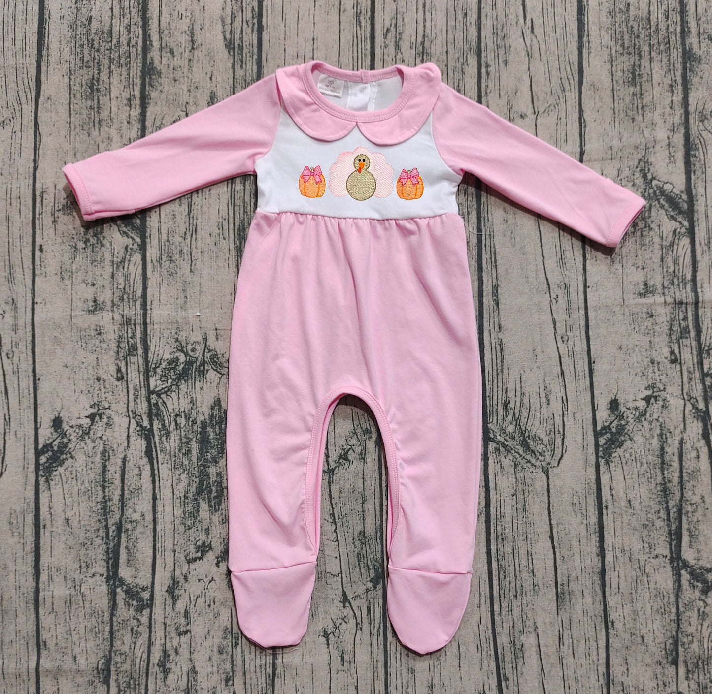 Pre order solid blue pumpkin turkey footie sleeper girl (do embroidery)
