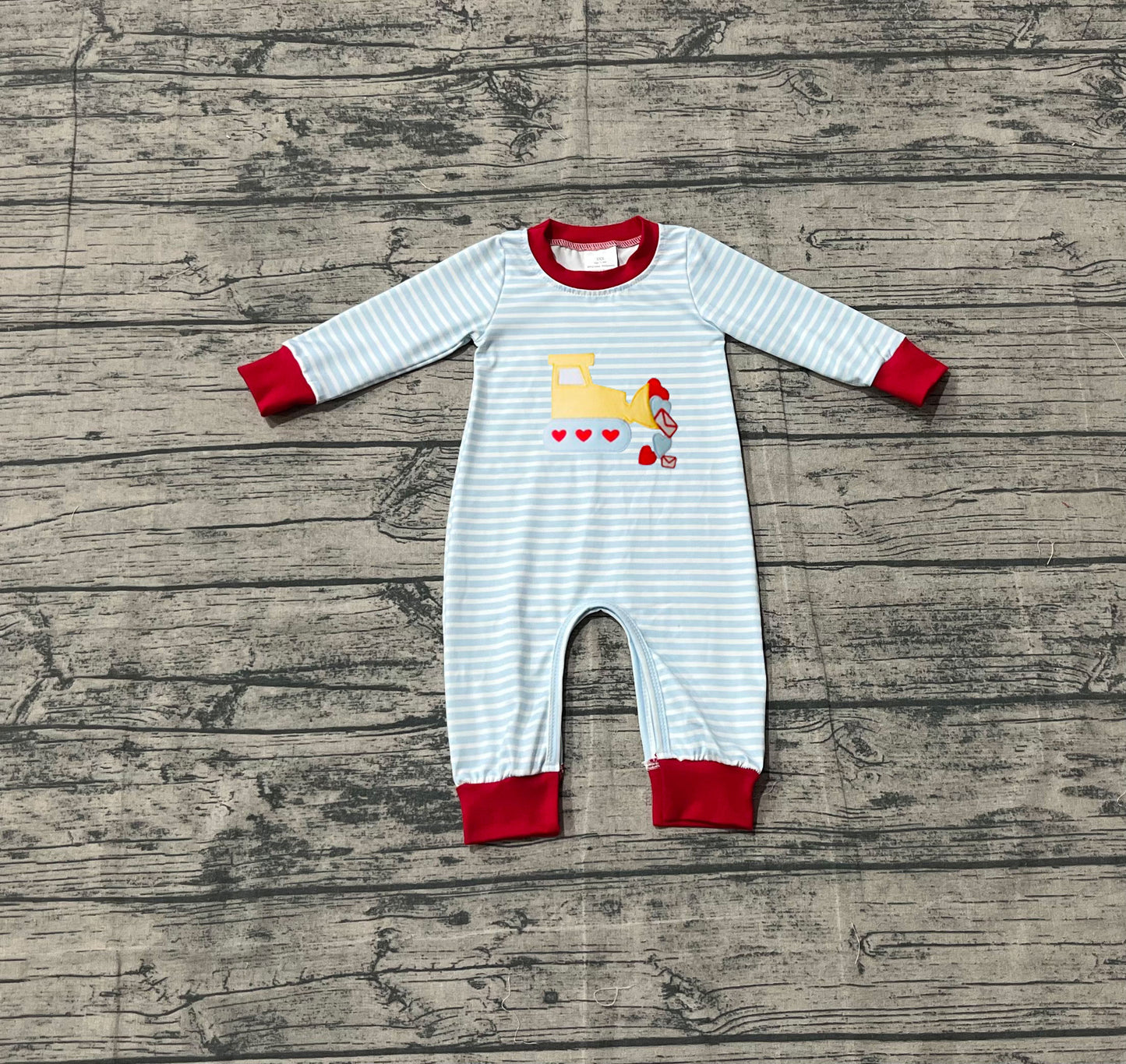 Pre order constructions heart baby boy romper (do embroidery)