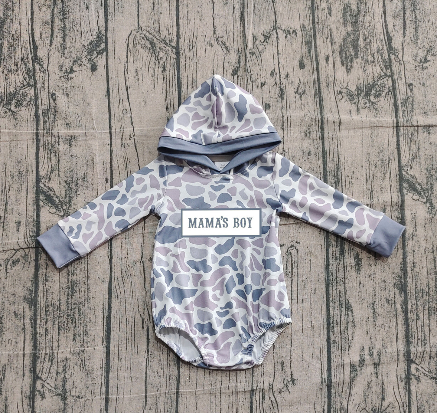 Pre order mama's boy camo hoodie romper (do embroidery)
