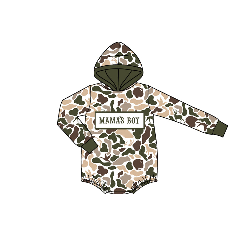 Pre order mama's boy camo hoodie romper