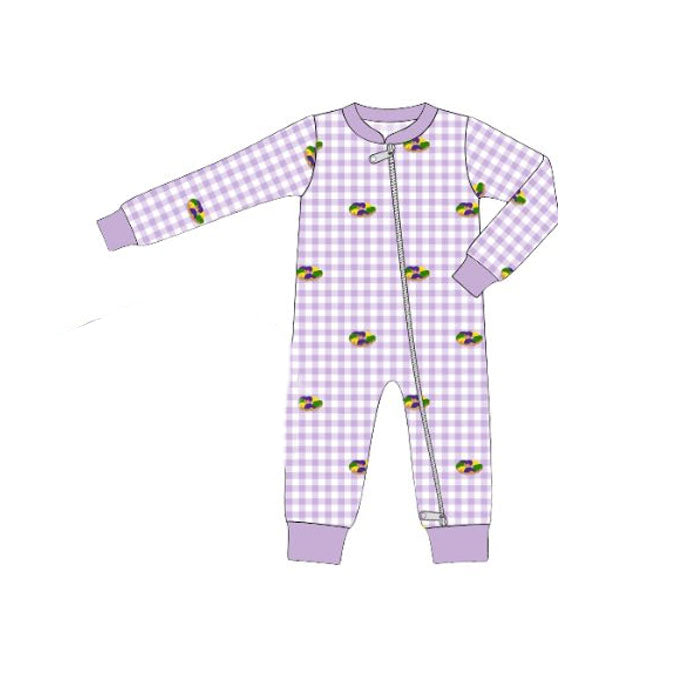 Pre order long sleeve purple plaid gras king cake sleeper boy