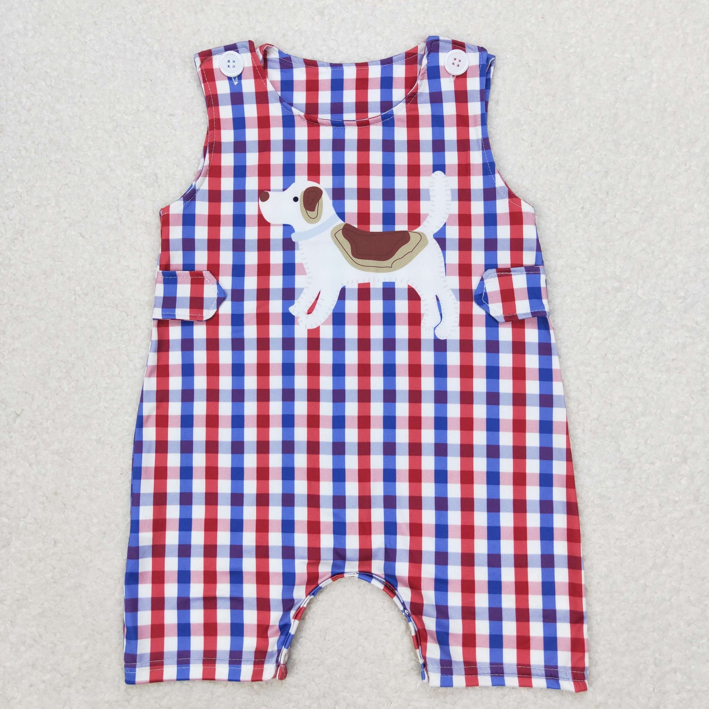 red white blue plaid romper with dog print