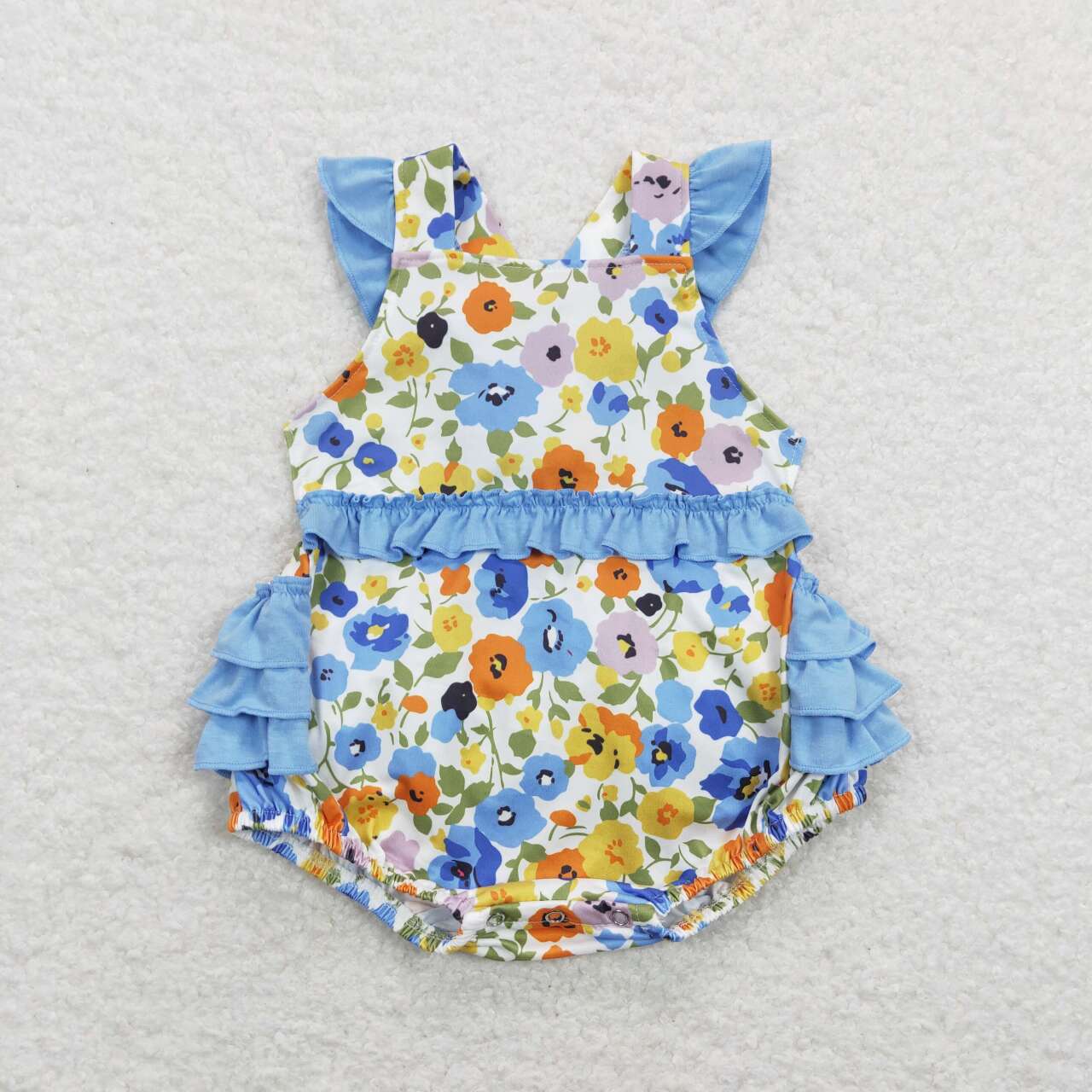 blue floral ruffle cross back bubble