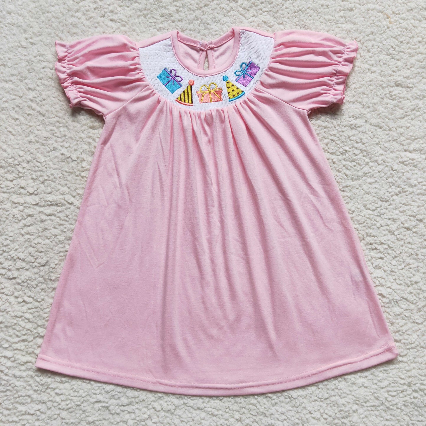 cotton solid pink birthday smocked dress