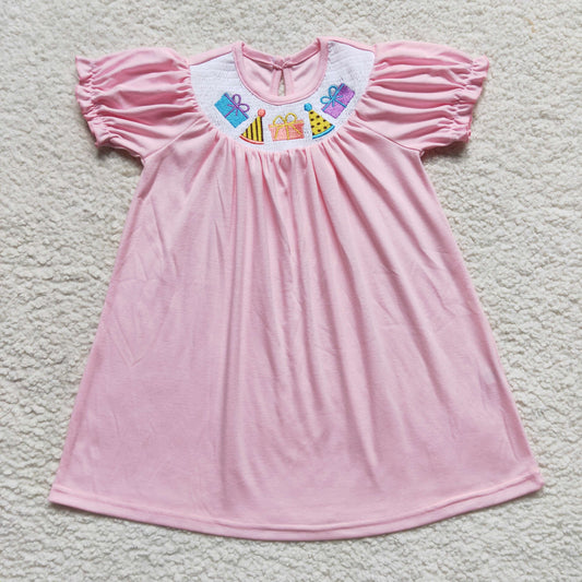 cotton solid pink birthday smocked dress