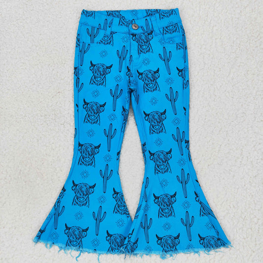 blue cow cactus print western little girl denim pants flare jeans