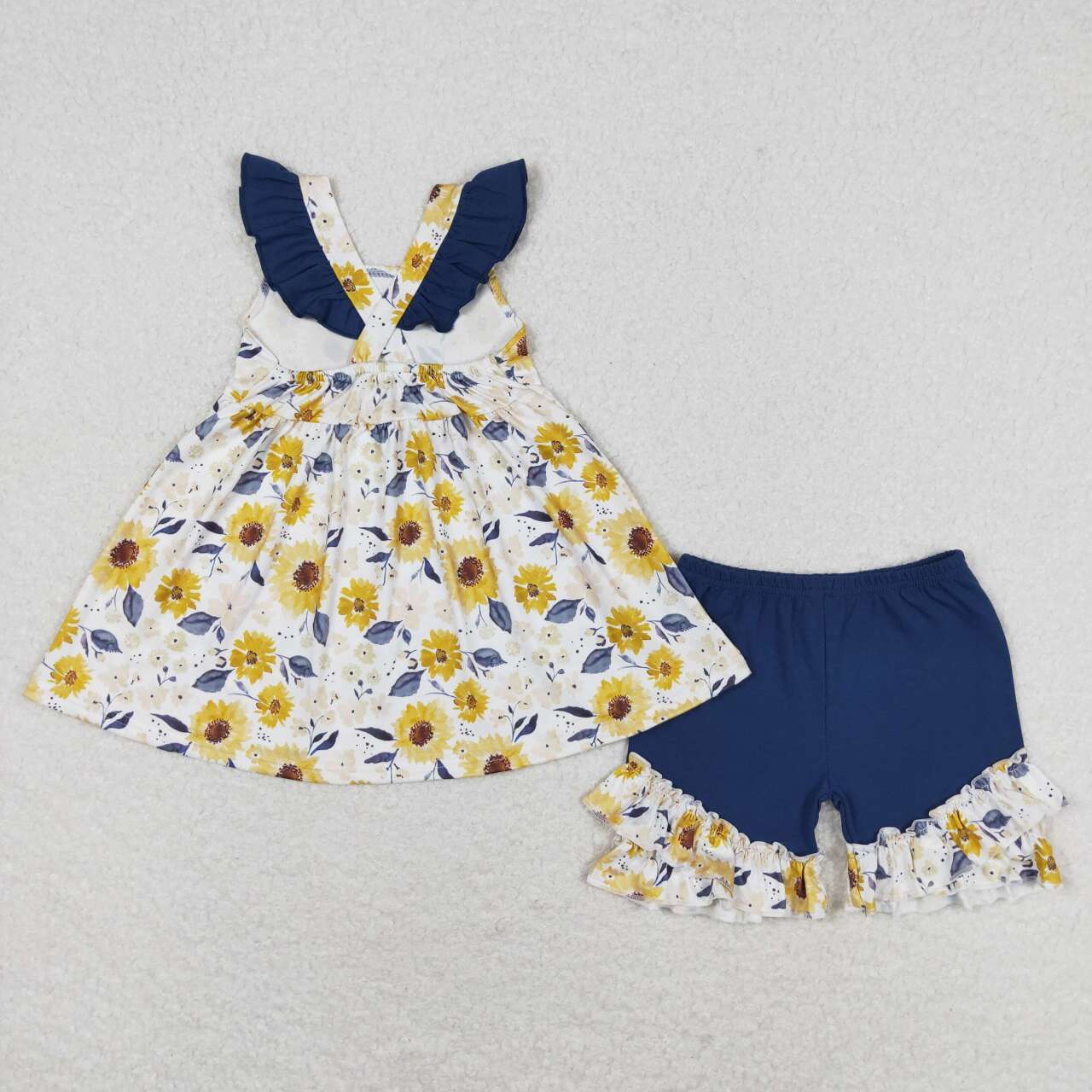 strap sunflower navy ruffle shorts set