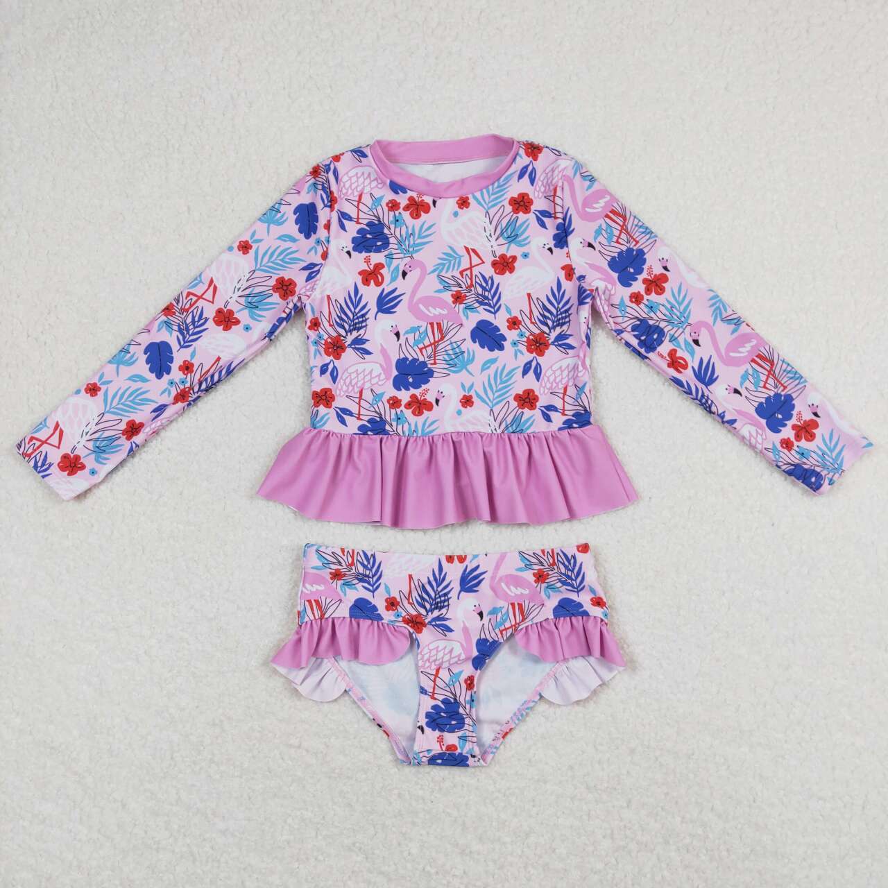 flamingo two piece rash guard swimsuit girl swimwear