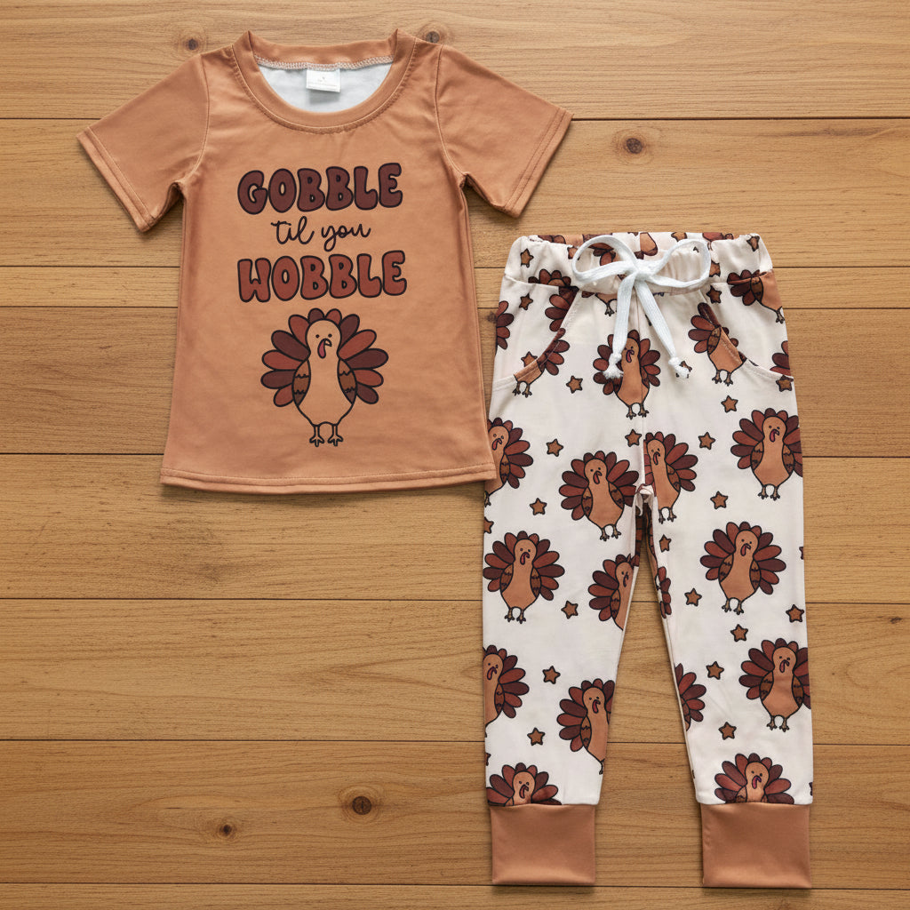 brown gobble till you wobble turkey print pants set boy thanksgiving day clothing