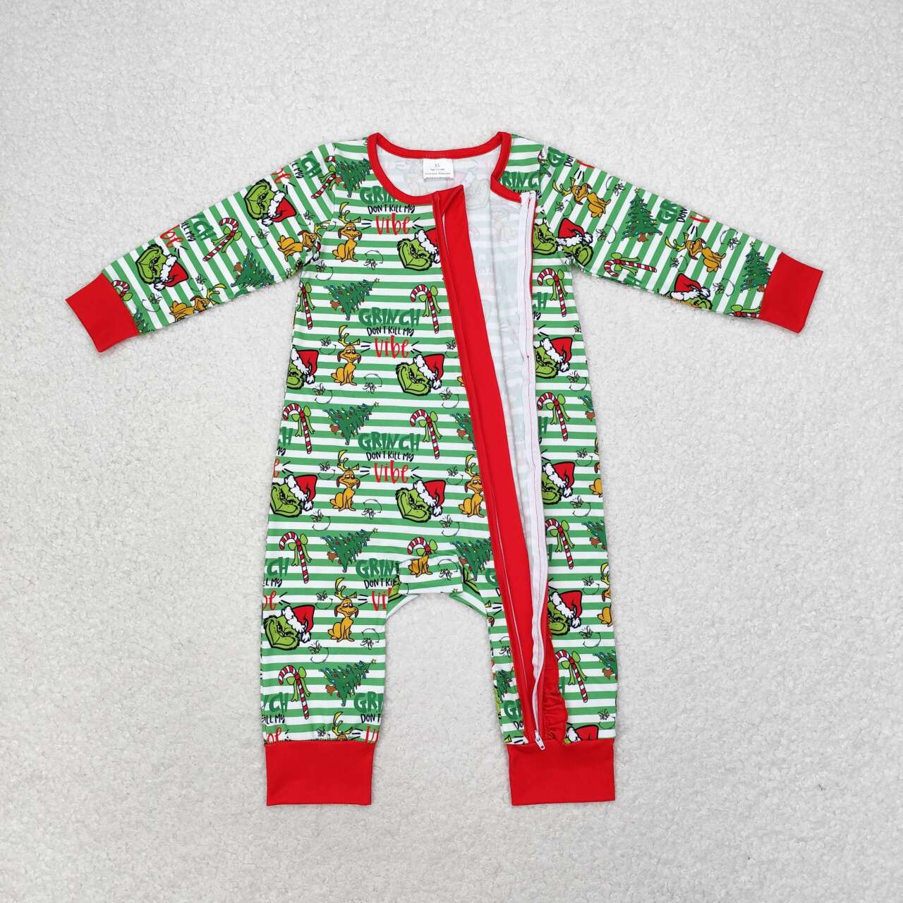 Stripe green face baby girls Christmas zipper romper