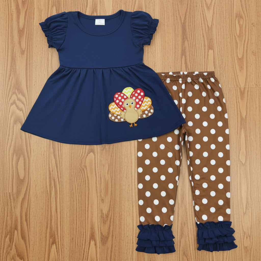 girl thanksgiving day clothing navy blue turkey embroidery icing outfit