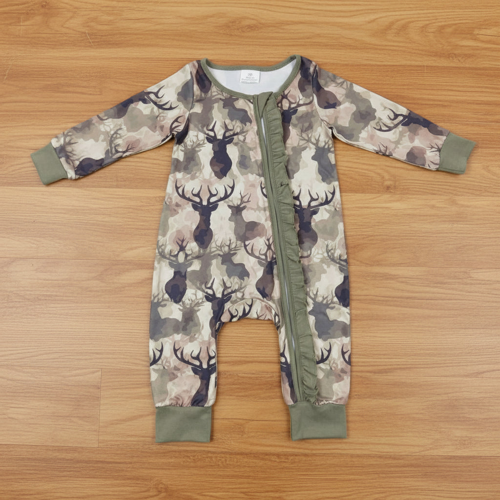 sibling green camo deer print baby girl sleeper