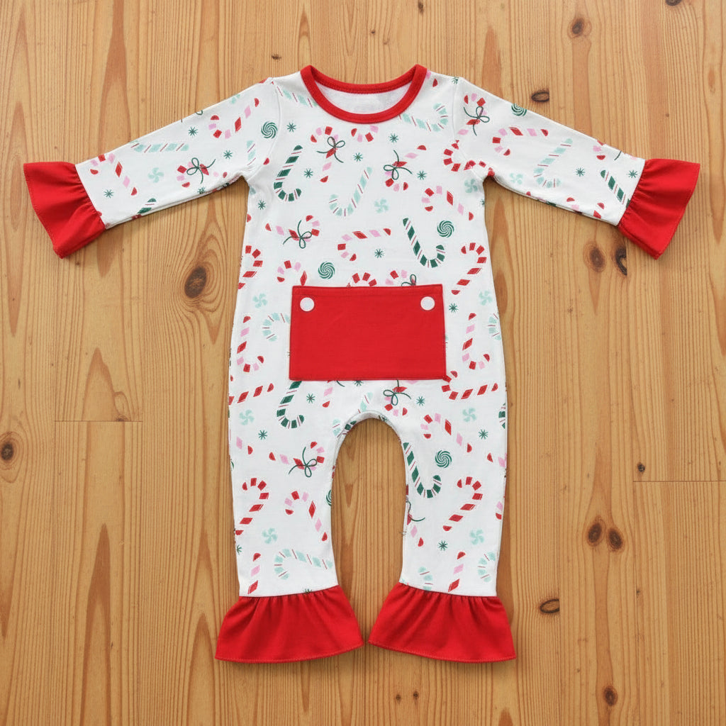 Candy cane ruffle zipper sleeper, baby girl christmas PJs