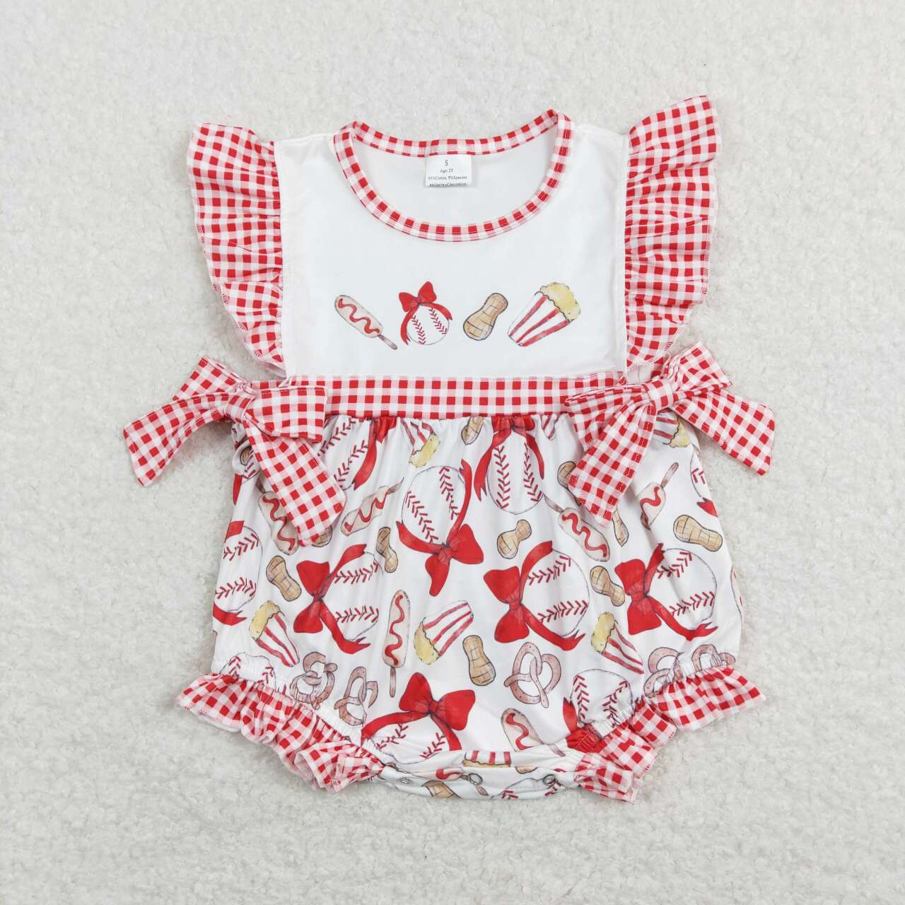 baby girls baseball bubble, peanut oopcorn hot dog romper