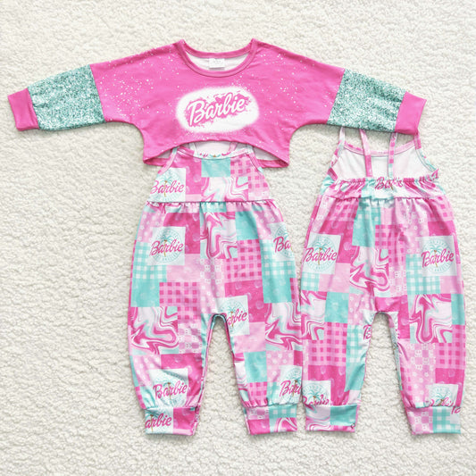 girl clothing pink barbie crop top and strap jumspuit set