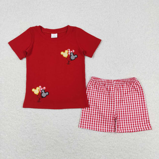 cartoon balloon embroidery boy shorts set red