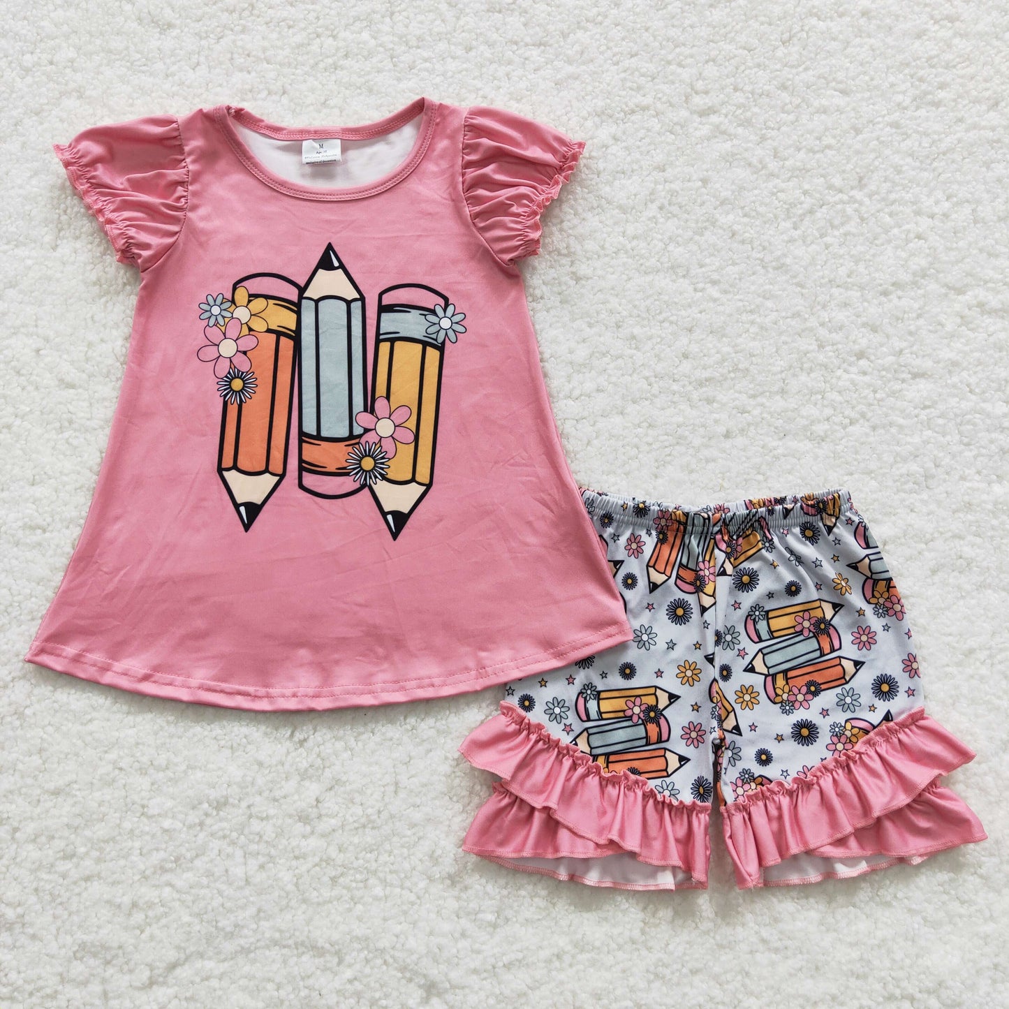 Pink Pencil Pattern Girls Back to School Short Set
