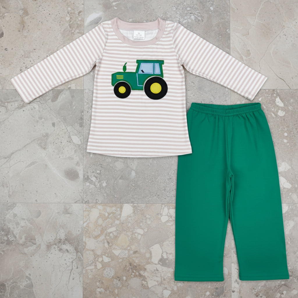 little boy tractor embroidery solid green pants set fall outfit