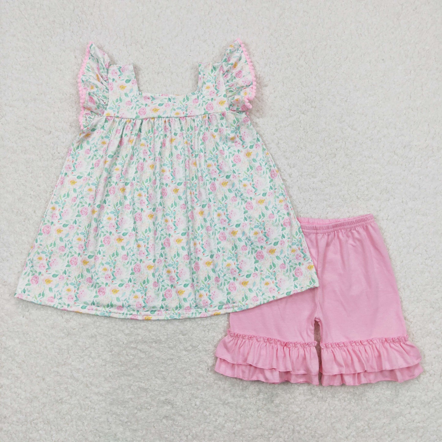 girl summer clothes flower tunic pink ruffle shorts set