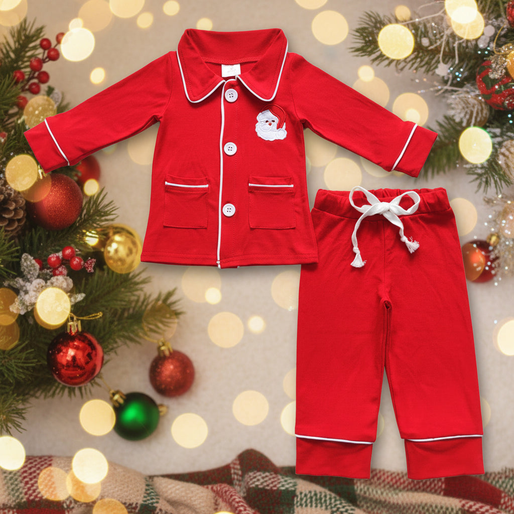 little boy cotton solid red pajama-santa embroidery