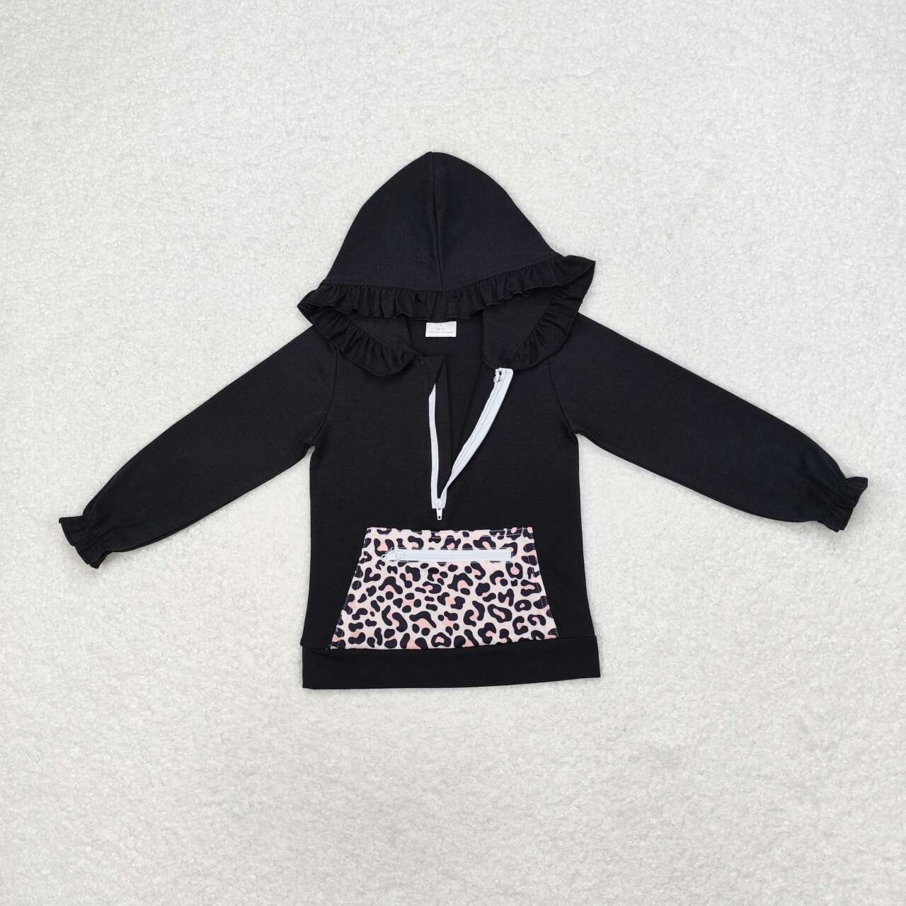 cotton black ruffle hoodie top with pocket