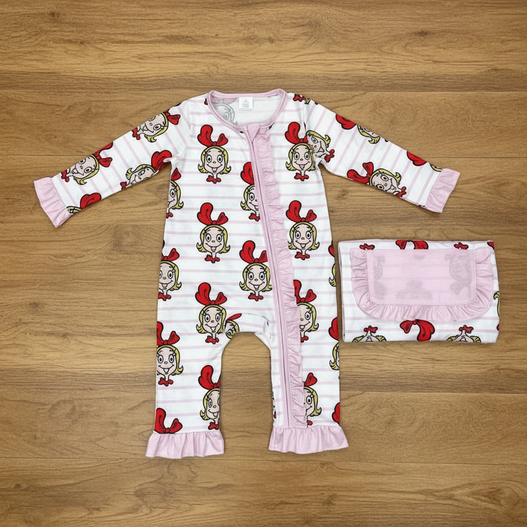 Christmas bamboo zipper romper pink