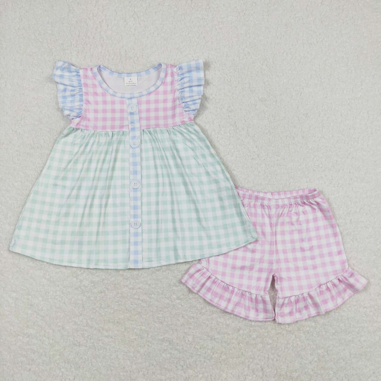 pink blue green plaid shorts set girl summer outfit