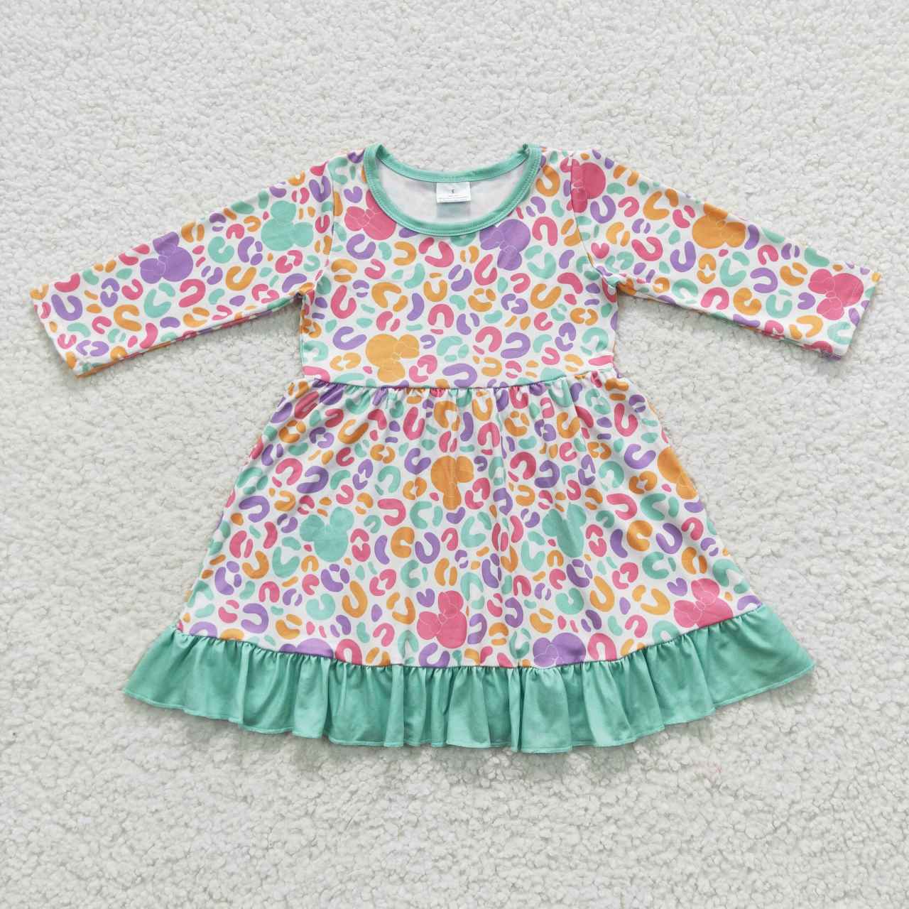 Fall cartoon leopard long sleeve ruffle dress