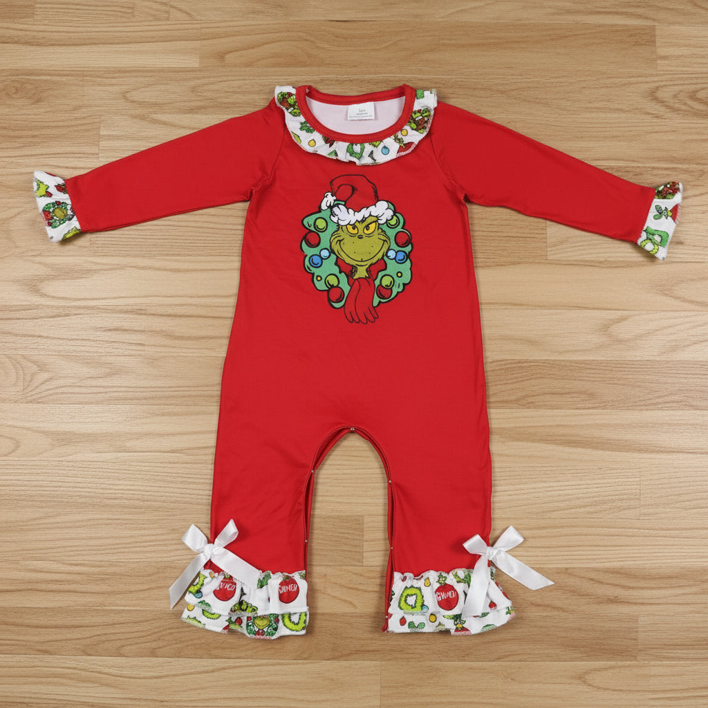 Christmas red grinchey ruffle romper for baby girl