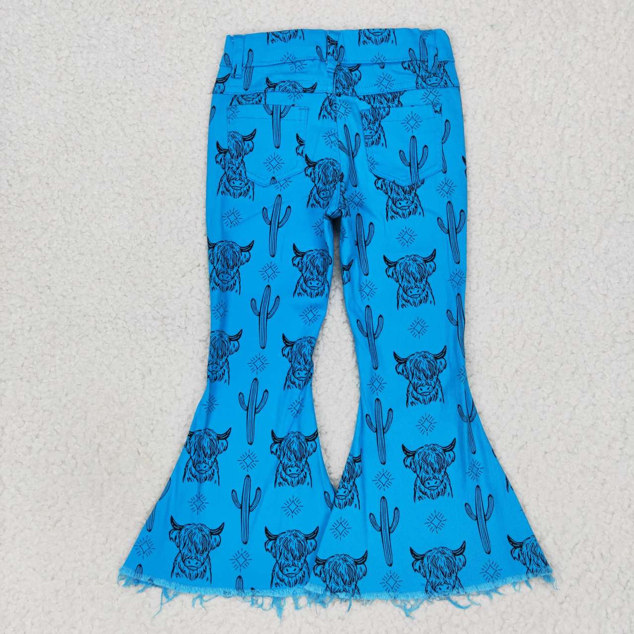 blue cow cactus print western little girl denim pants flare jeans