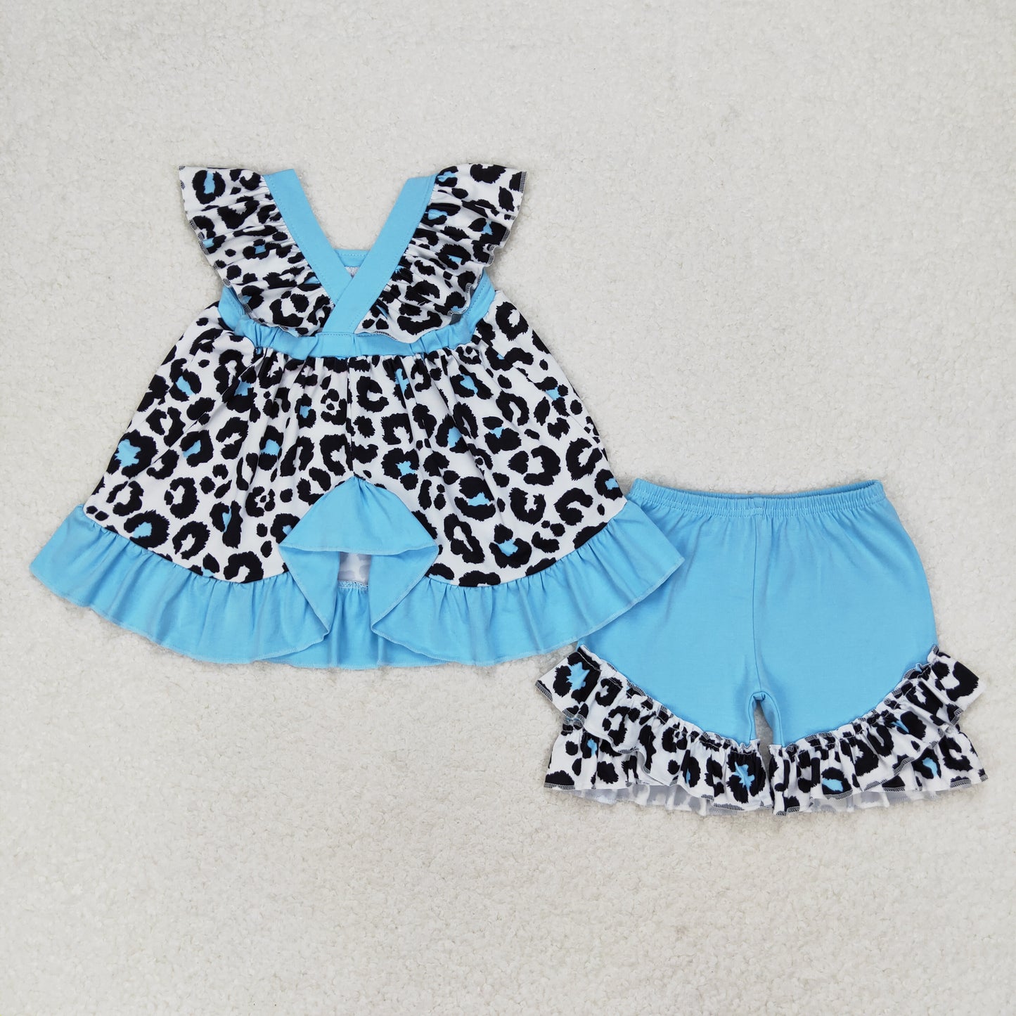 blue leopard cross back shorts set girl