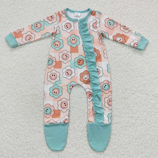 Smile face flower baby girl zipper footie sleeper