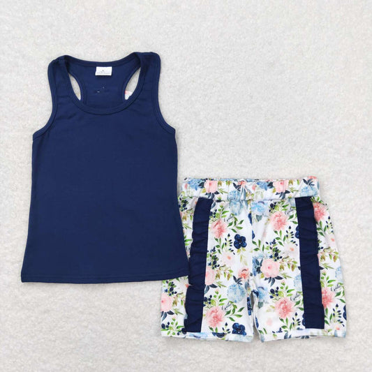 navy tank top floral shorts set girl summer clothing