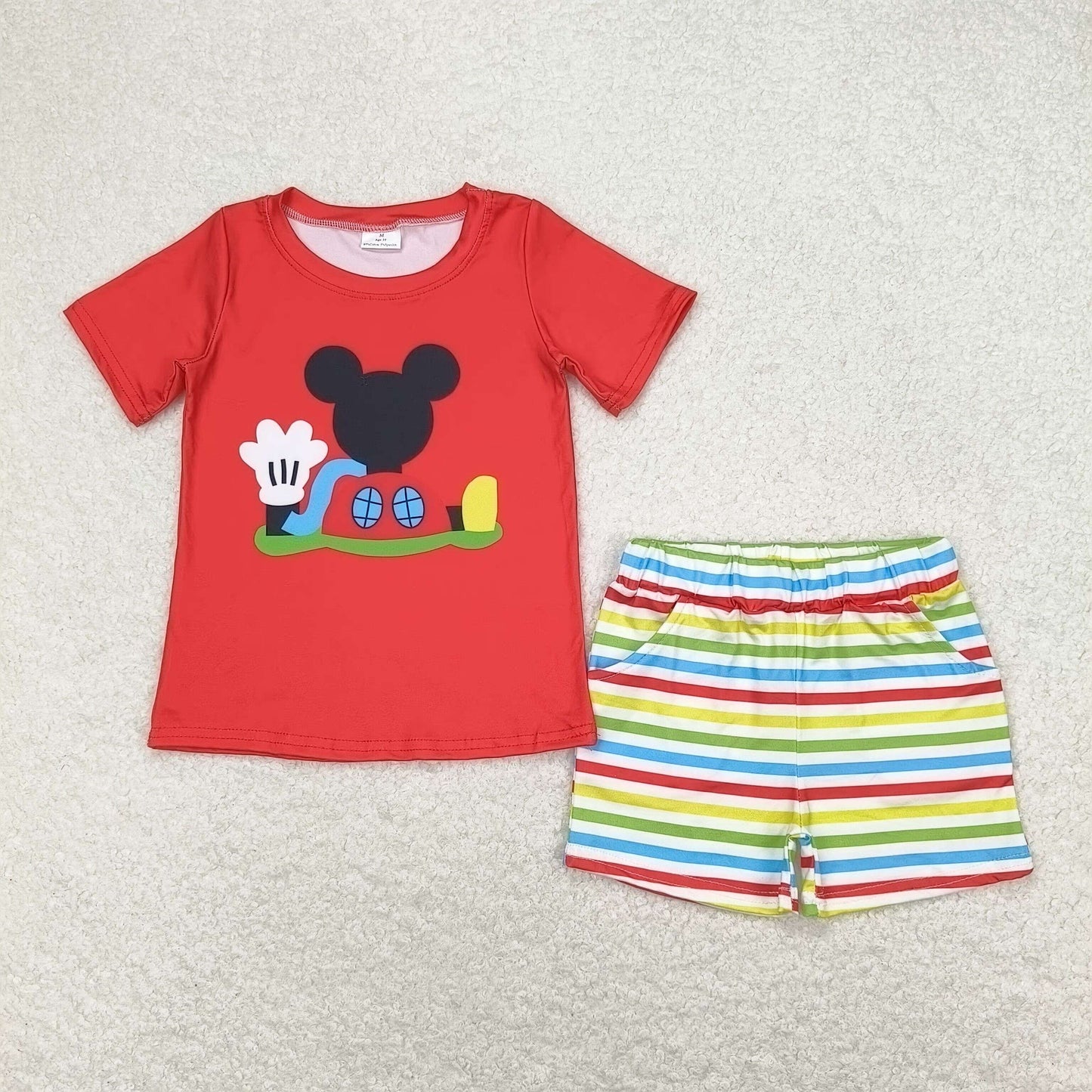 red cartoon t shirt colorful stripe boys shorts set