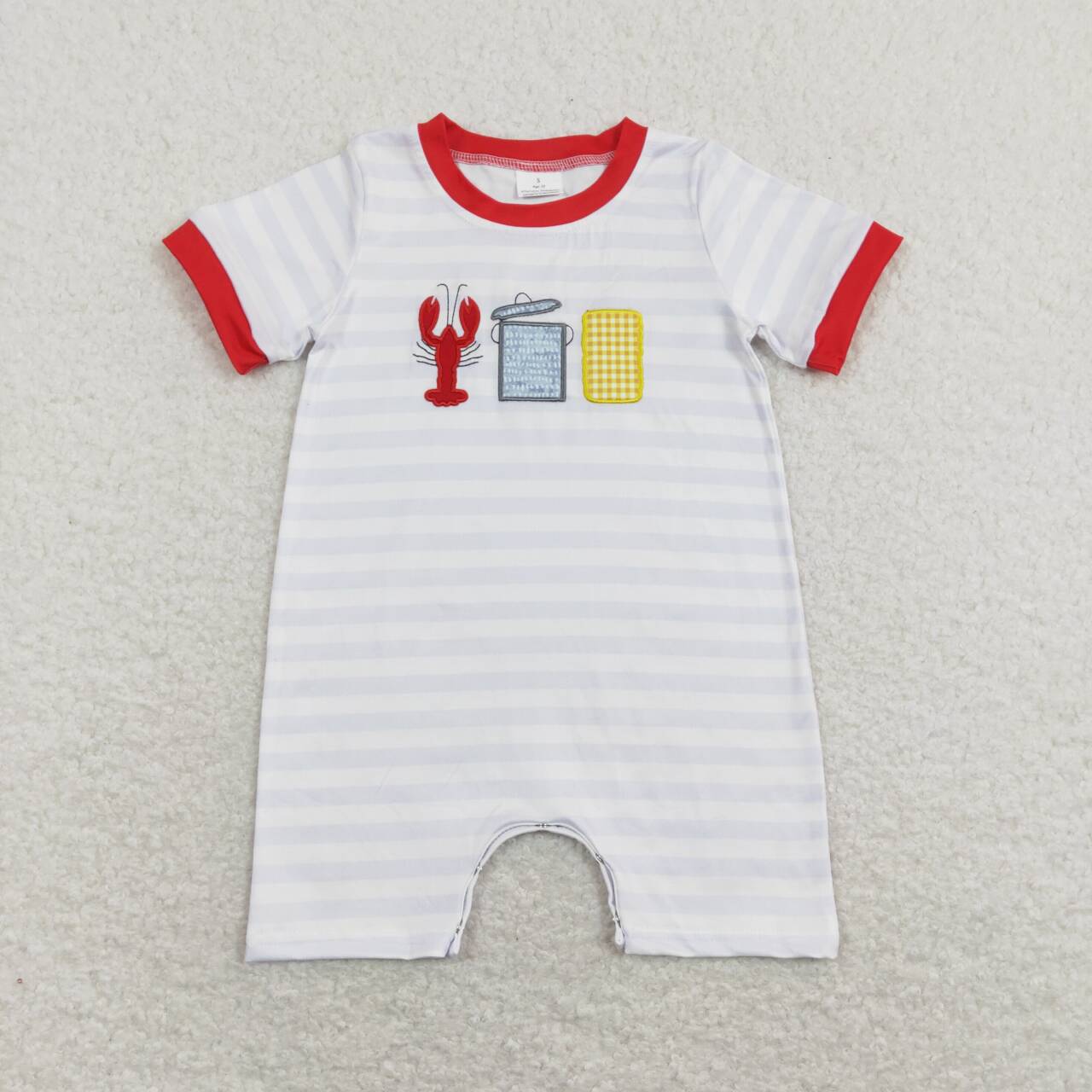 baby boy crawfish boil embroidery stripe tee romper