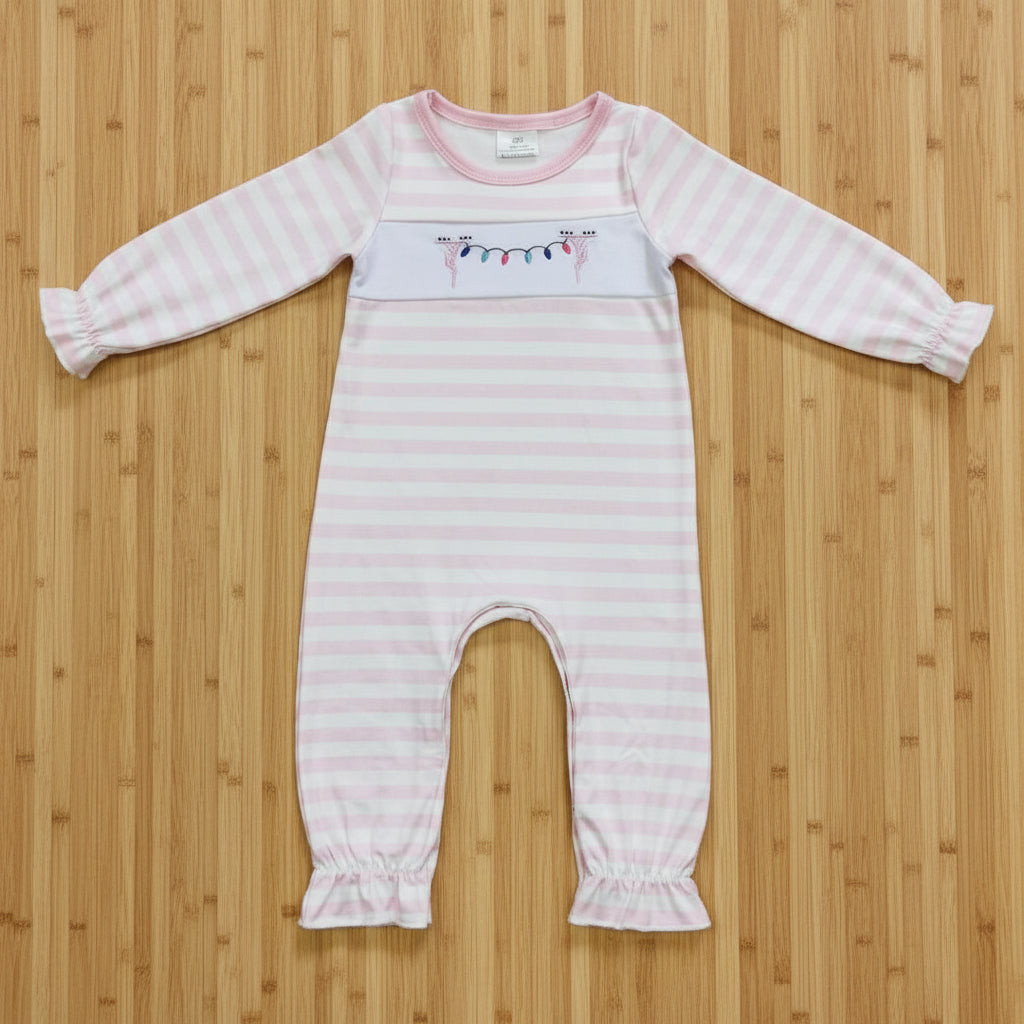 pink stripe christmas light lineman embroidery baby girl romper